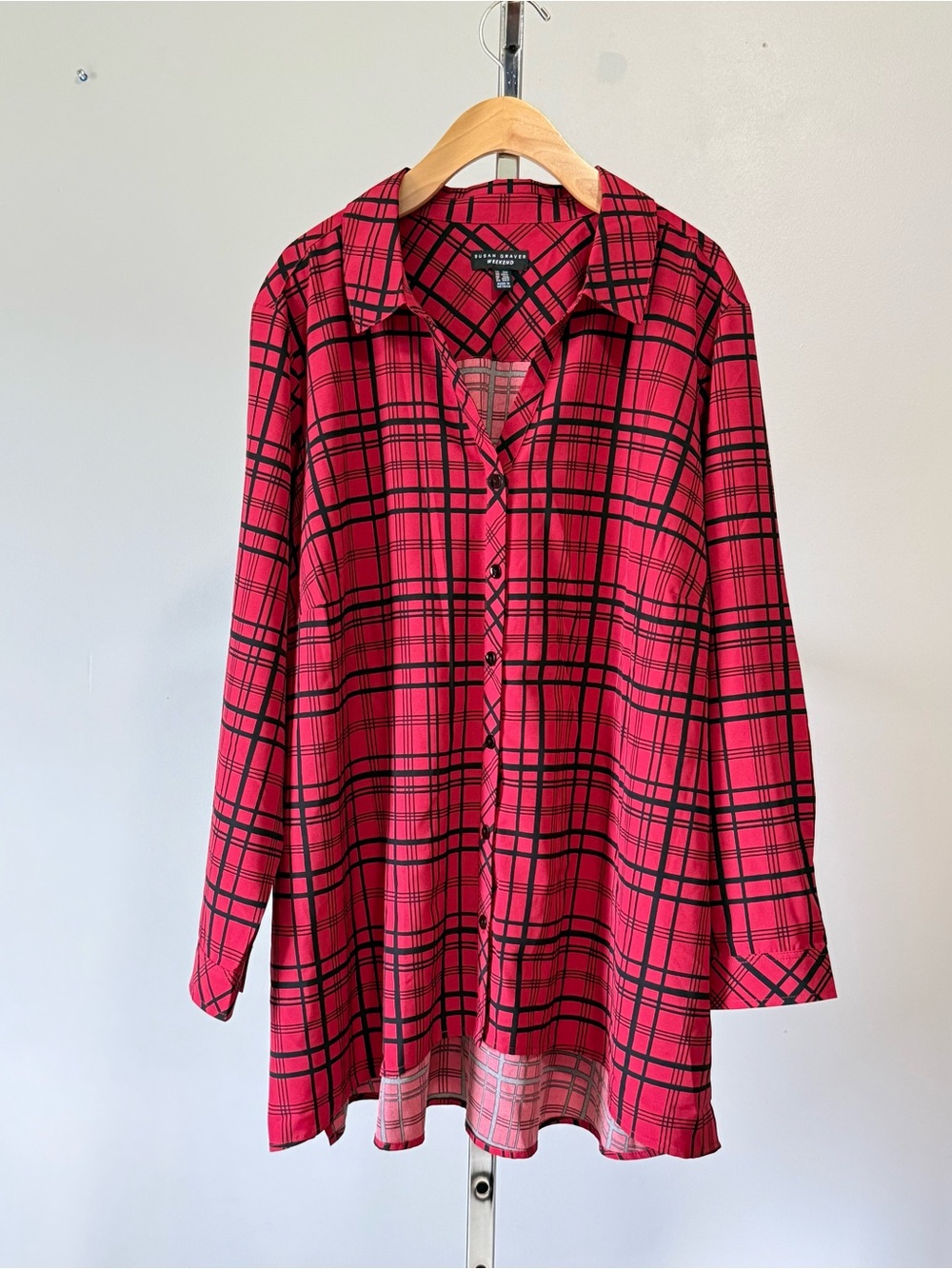 Susan Graver Weekend Plaid Woven Tunic Shirt Red Black 2XP 2X Petite QVC EUC